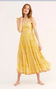 Free People Kikas Sz S Yellow/Gold Tiered Midi Maxi Dress - Picture 1 of 4