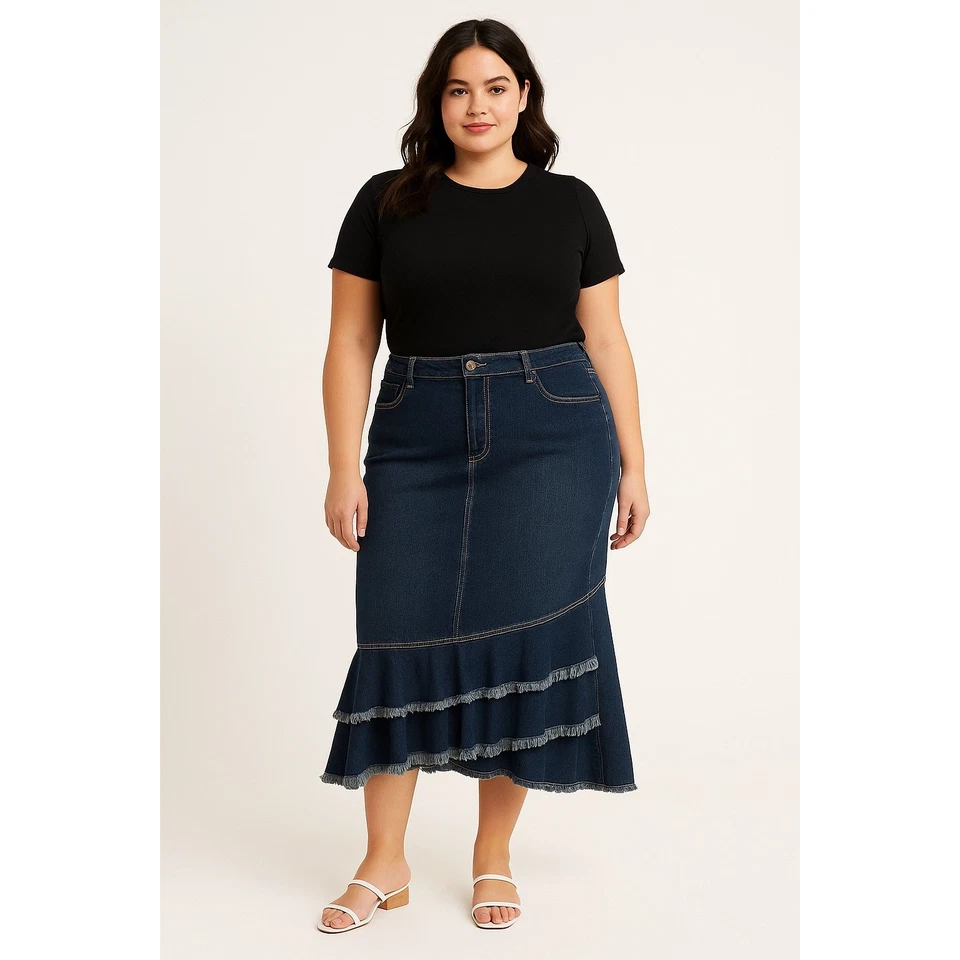 Maxi Falda Baccini Azul Denim Mujer Talla 10 Volantes Flecos Ribete 5 Bolsillos Foto 1 de 4