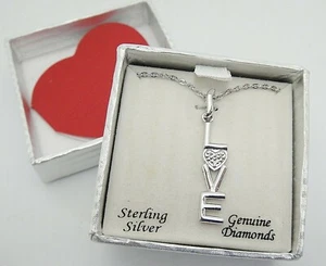 Sterling Silver LOVE Word Pendant Necklace 17" Chain w Box Diamonds Valentine - Picture 1 of 2