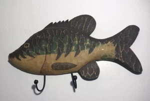 Wood Fish Wall Decor Coat Rack Hanger - 2 Hooks Cabin Core - 17” Sunfish - Picture 1 of 4
