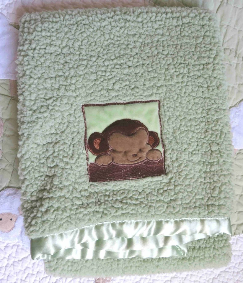 BeanSprout Monkey Pale Green Sherpa & Satin Baby Boy or Girl Blanket EUC - Image 1 of 2