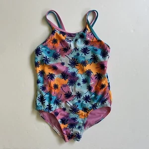 Speedo Swimsuit Small One Piece Racer Back Splice Lined Palm Trees Pink Blue 7 8 - Picture 1 of 16