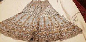 Pakistani / Indian Women's Sky Blue Embroidered Raw Silk Anarkali Bridal Lehenga - Picture 1 of 12