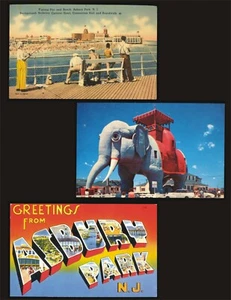 Lotto 3 cartoline NJ Asbury Park saluto pesca molo Atlantic City elefante hotel - Foto 1 di 8