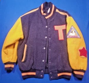 Vintage 90s Varsity Letter Jacket  "T" Liberta 358 Letterman Black Wool Yellow  - Picture 1 of 17