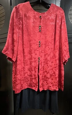 Vestido De Colección Años 80 TORI ALEXANDER Satinado Floral Rojo Sobre Negro Botones Talla Grande 22W Foto 1 de 4