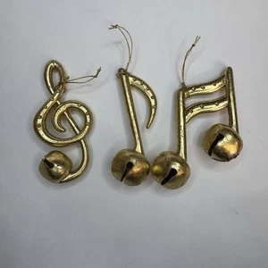 Gold Music Notes Christmas Tree Ornaments Set Of 3 Mixed Bells Metal - Picture 1 of 5