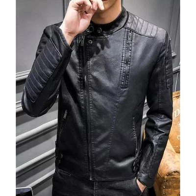 Men Leather Jacket Fashion Streetwear Spring Men's Jacket Hip Hop Lapel Zipper - Photo 1/4