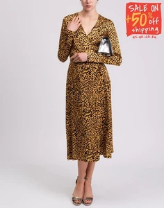 RRP€350 ANDAMANE Midi Wrap Dress Size S Yellow Stretch Leopard Made in Italy - Picture 1 of 10