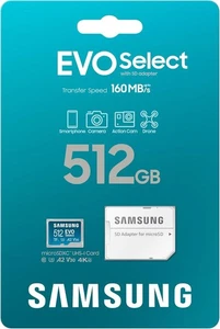 Carte mémoire et adaptateur micro SAMSUNG EVO Select 512 Go jusqu'à 160 Mo/s, 4K - Photo 1 sur 7