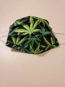 Adult Face Mask, Marijuana Leaves Print Fabric, Broadleaf on Black Background - Picture 1 of 2