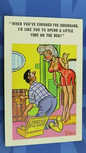 Freche Comic Postkarte 60er Jahre große Brüste französischer Polierer Bett Anspielungen - Bild 1 von 2