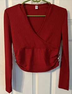 Women's Crop Top Long Sleeve V Neck Ribbed Look Size S Decorative Side Buttons N - Picture 1 of 8
