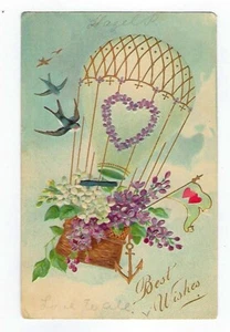 Globo de aire caliente postal Best Wishes de principios de 1900 con flores en relieve - Imagen 1 de 2