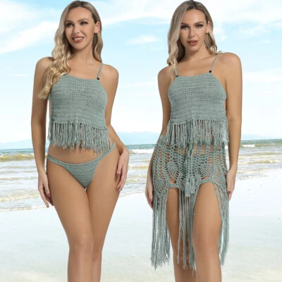 Falda floral de piña crochet a mano cubierta de playa borla superior e inferior de bikini Foto 1 de 4