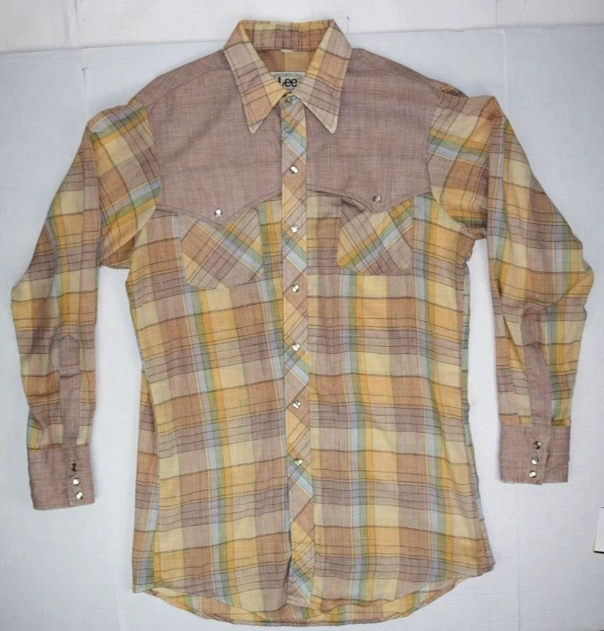 Винтажная клетчатая западная рубашка Lee размер M/L 80-е 90-е 2 тона золотистая пастель с защелками - Изображение 1 из 4