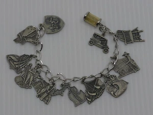 VINTAGE MICHIGAN SOUVENIR STERLING SILVER 12 CHARM BRACELET, LANDMARKS, HISTORY - Picture 1 of 9