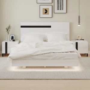 Modern 3-Piece Set Floating Bed Frame Queen Size with LED Light & 2 Nightstands - Picture 1 of 14