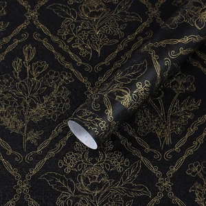 Peel and Stick Wallpaper Vintage Wall Paper Boho Contact Paper Black and Gold Fl - Picture 1 of 6