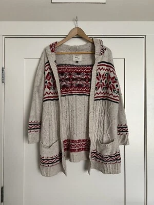 Cárdigan Suéter Mujer XS Beige Rojo Frente Abierto Nórdico Cable Tejido Capucha Foto 1 de 4
