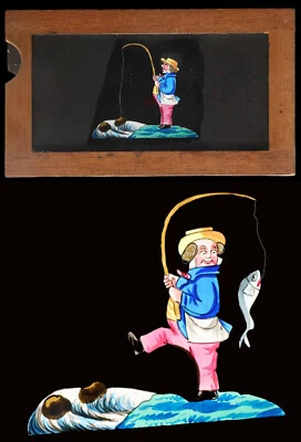 PLAQUE ANIMÉE 1880 - LE PECHEUR / lanterne magique - Photo 1/4