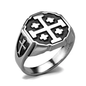 Sterling Silver Jerusalem Cross Personalized Color Enamel Octagon Signet Ring - Picture 1 of 27