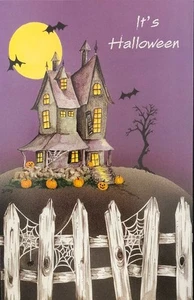 Vintage Happy Halloween Grußkarte Spooky Haunted House Vollmond JOLs Spinnen - Bild 1 von 4