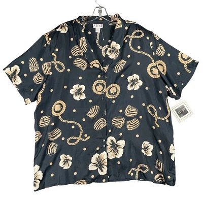 Stunt Silk Top Womens Size 3X Black Chain Print Floral Strawberry Shells Flowy - Image 1 of 4