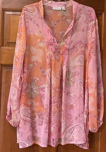Susan Graver Semi Sheer Paisley Long Sleeve Tunic Top Pink & Peach Size 2X - Picture 1 of 5