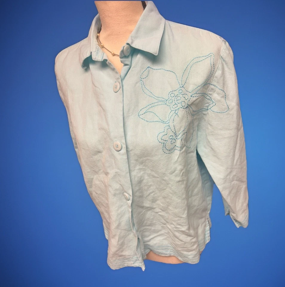 Camisa Hanna Andersson Lino Abotonada L Azul Claro Bordada Floral  Foto 1 de 3