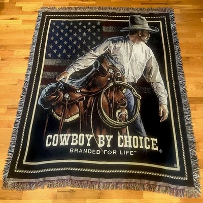 Cowboy By Choice Throw Blanket Horse Navy Blue 49” x 63” Western USA Flag Ranch - Image 1 of 4