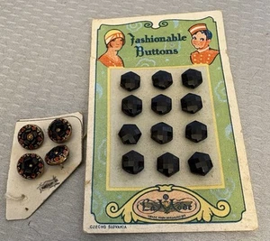 Antiguo conjunto facetado hexagonal LaMode Art Deco tarjeta botón vidrio checo negro lote 16 - Imagen 1 de 6