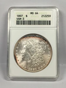 1897 MORGAN SILVER DOLLAR VAM-3 VARIETY ANACS SOAPBOX MS64 07XXA25 - Picture 1 of 4