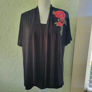 Blusa Top Elie McCarthy Para Mujer Talla XL Imitación Dos Piezas Bordado Floral Negra  - Imagen 1 de 8