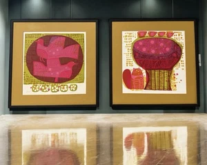 1960s David Weidman Silkscreen Pair: Birdkat & Birds Signed, Framed, Fab! MCM - Picture 1 of 19