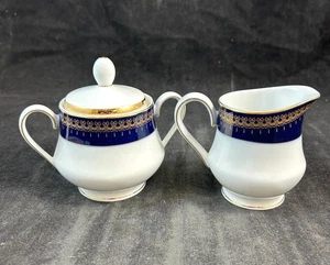 Christineholm Romanov Set of Creamer and Lidded Sugar Bowl Cobalt Gold and White - Picture 1 of 11