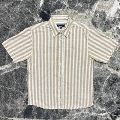 Fred Perry Shirt Mens Medium Striped Button Short Sleeve Brown White Blue Logo - Image 1 of 4