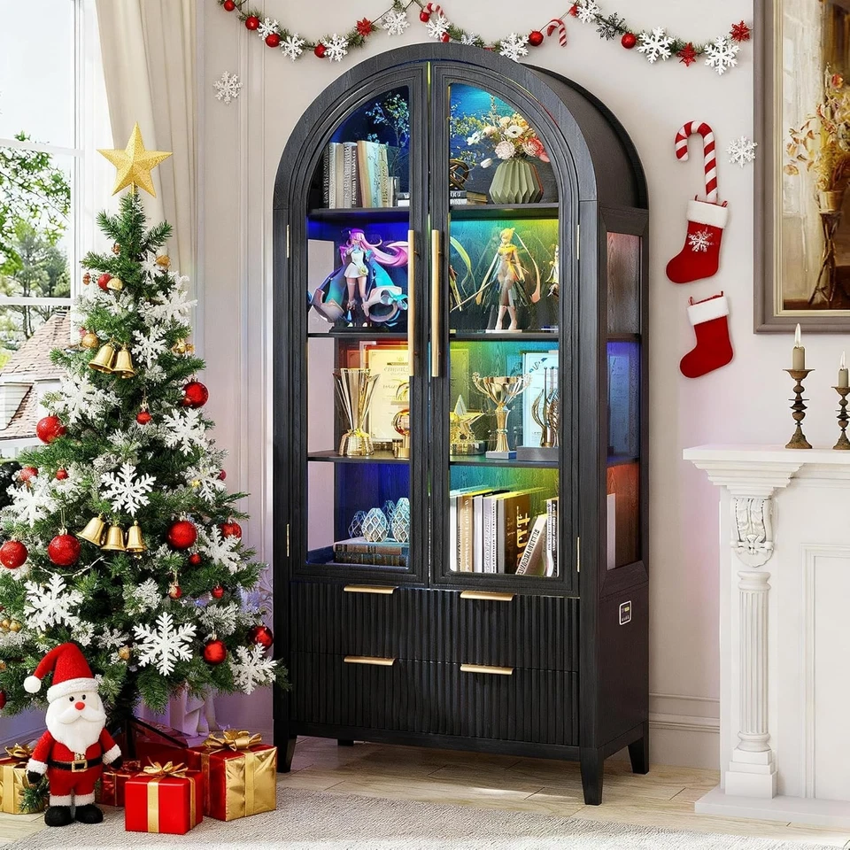 Vitrina RGB arqueada con puertas de cristal, librería con 4 estantes y 2 cajones Foto 1 de 1