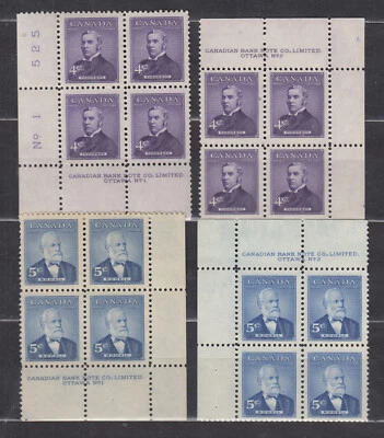 1954 #349 4¢ & #350 5¢ PRIME MINISTERS ISSUE  PLATE BLOCKS #1 & #2 F-VF - Image 1 of 2