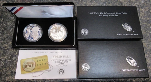 2018 World War 1 Centennial Silver Dollar & Army Medal Set With OGP/COA Cover