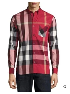 Burberry Brit Men's Parade Check Button Down Long Sleeve Shirt Red Size XXL - Picture 1 of 10
