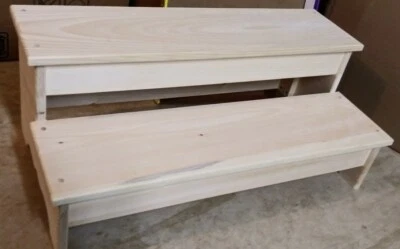 24" WOODEN WIDE PLAIN SKIRT 2 STEP STOOL PINE WOOD UNFINISHED - Image 1 of 4