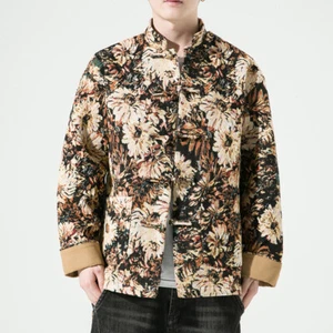 Vintage Style Men Floral Shirt Jacket Mandarin Collar Frog Button Coat Top Party - Picture 1 of 14