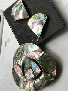 Vintage Alpaca Abalone Inlay Pin Brooch And Post Earrings - Picture 1 of 5