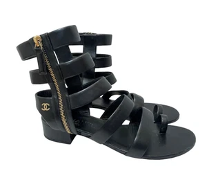 CHANEL Interlocking CC Gladiator Sandals in Black Size 39.5 - Picture 1 of 18