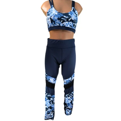MINKPINK Small Blue Floral Ankle Mesh Leggings Sports Bra Coordinating Set - Image 1 of 4