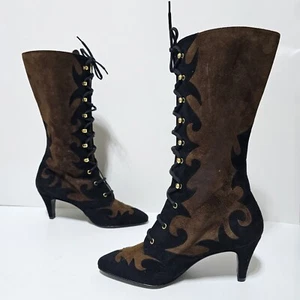 Vtg Escada Boots Womens Size 5.5 Brown Suede Leather Paisley Flame Designer Rare - Picture 1 of 16