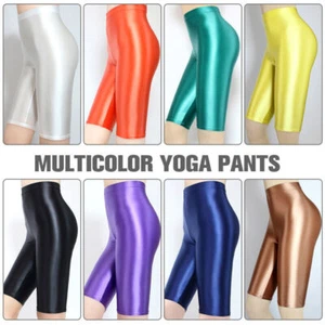 Women's Opaque Shiny Glossy Satin Leggings Sports Yoga Riding High Waist Shorts - Bild 1 von 21