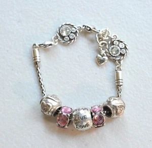 Brighton Slide Charm Bracelet Silver Tone Beaded Hearts pink love laugh ZH17 - Picture 1 of 10