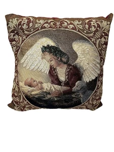 Almohada tapiz navideño vintage decorativa con ángel y bebé 16 x 16 borgoña - Imagen 1 de 5